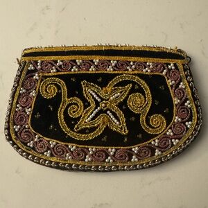 Vintage Beaded Embroidered Black and Gold Clutch from Thailand